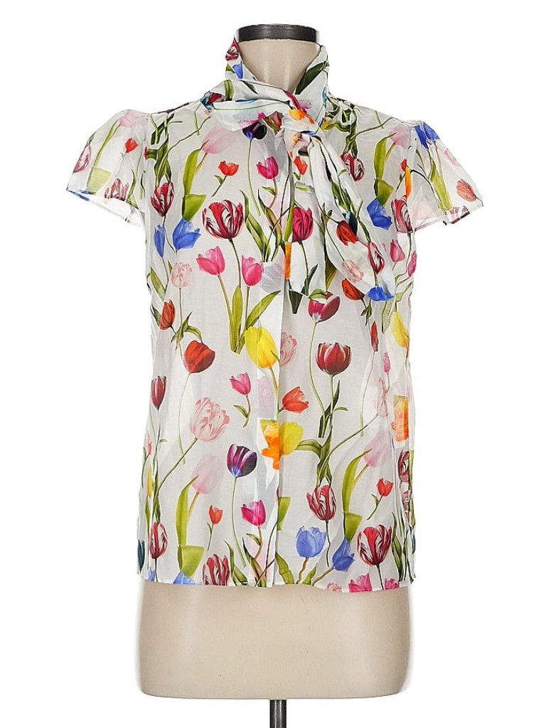 Jeannie Kiss "My Tulips" Tulip Print Silk Blend Top Blouse Tie Neck Rare Euc